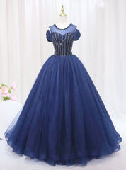 Navy Blue Tulle Sequins Beading Bow Prom Dresses