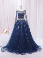 Navy Blue Tulle Sequins Beading Cap Sleeve Prom Dresses