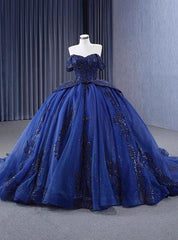 Navy Blue Tulle Sequins Beading Prom Dresses