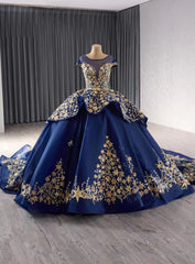 Navy Blue Tulle Sequins Cap Sleeve Prom Dresses