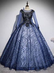 Navy Blue Tulle Sequins Long Sleeve Appliques Quinceanera Dresses