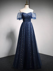 Navy Blue Tulle Sequins Off the Shoulder Puff Sleeve Prom Dresses