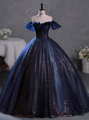 Navy Blue Tulle Sequins Off the Shoulder Quinceanera Dresses