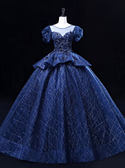 Navy Blue Tulle Sequins Puff Sleeve Appliques Quinceanera Dresses