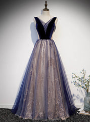 Navy Blue Tulle Sequins Velvet V-neck Prom Dresses