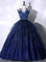 Navy Blue Tulle Spagehtti Straps Quinceanera Dresses