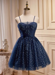 Navy Blue Tulle Spaghetti Straps Beading Homecoming Dresses