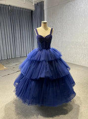 Navy Blue Tulle Straps Tiers Beading Short Prom Dresses