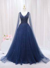 Navy Blue Tulle V-neck Beading Prom Dresses