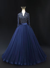 Navy Blue Tulle V-neck Long Sleeve Beading Prom Dresses