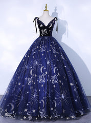 Navy Blue Tulle V-neck Print Quinceanera Dress