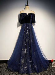 Navy Blue Tulle Velvet Embroidery Short Sleeve Prom Dresses