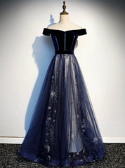 Navy Blue Tulle Velvet Off the Shoulder Prom Dresses