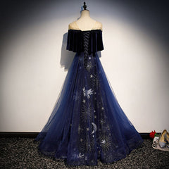 Navy Blue Velvet and Tulle Long Party Dress A-line Blue Evening Dress prom dresses shops