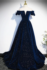 Navy Blue Velvet Off Shoulder Long Party Dresses, Navy Blue Prom Dresses Formal Dresses