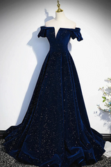 Navy Blue Velvet Off Shoulder Long Party Dresses, Navy Blue Prom Dresses Formal Dresses