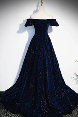 Navy Blue Velvet Off Shoulder Long Party Dresses, Navy Blue Prom Dresses Formal Dresses