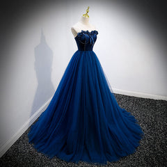 Navy Blue Velvet Top and Tulle Long Formal Dresses, Blue Sweetheart Prom Dresses