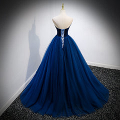 Navy Blue Velvet Top and Tulle Long Formal Dresses, Blue Sweetheart Prom Dresses