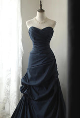 Navy Blue Vintage Style Taffeta Long Prom Dresses, Navy Blue Party Dresses