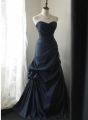 Navy Blue Vintage Style Taffeta Long Prom Dresses, Navy Blue Party Dresses