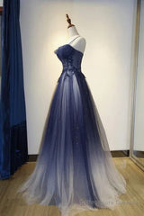 Navy Gradient A Line Tulle Long Formal Prom Dresses