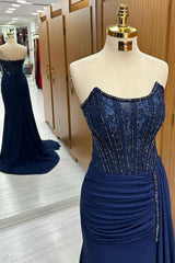 Navy Lace Beaded Strapless Long Formal Dresses with Attached Train