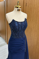 Navy Lace Beaded Strapless Long Formal Dresses with Attached Train