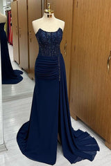 Navy Lace Beaded Strapless Long Formal Dresses with Attached Train