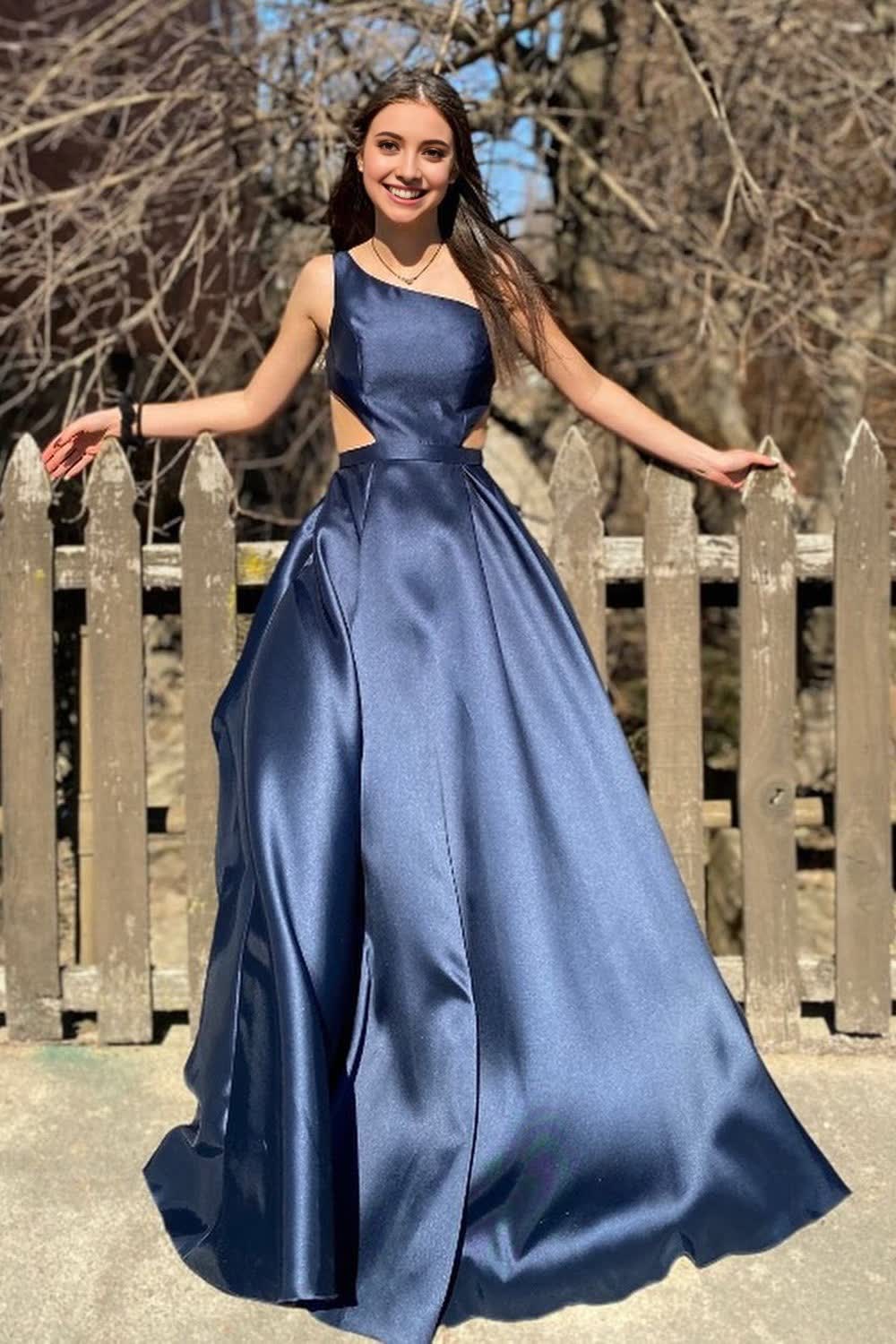 Navy One Shoulder A-Line Long Prom Dress