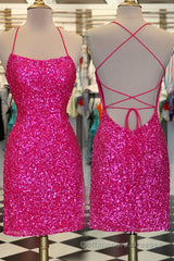 Neon Pink Sequin Bodycon Mini Homecoming Dresses