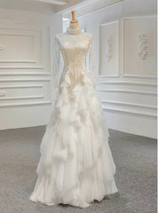 Never Miss Out On White Sheath Tulle High Neck Long Sleeve Beading Wedding Dresses