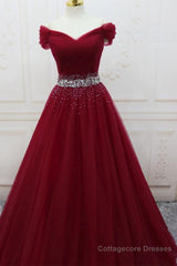 Off Shoulder Burgundy Tulle Long Prom Dresses with Sequins, Burgundy Tulle Formal Evening Dresses