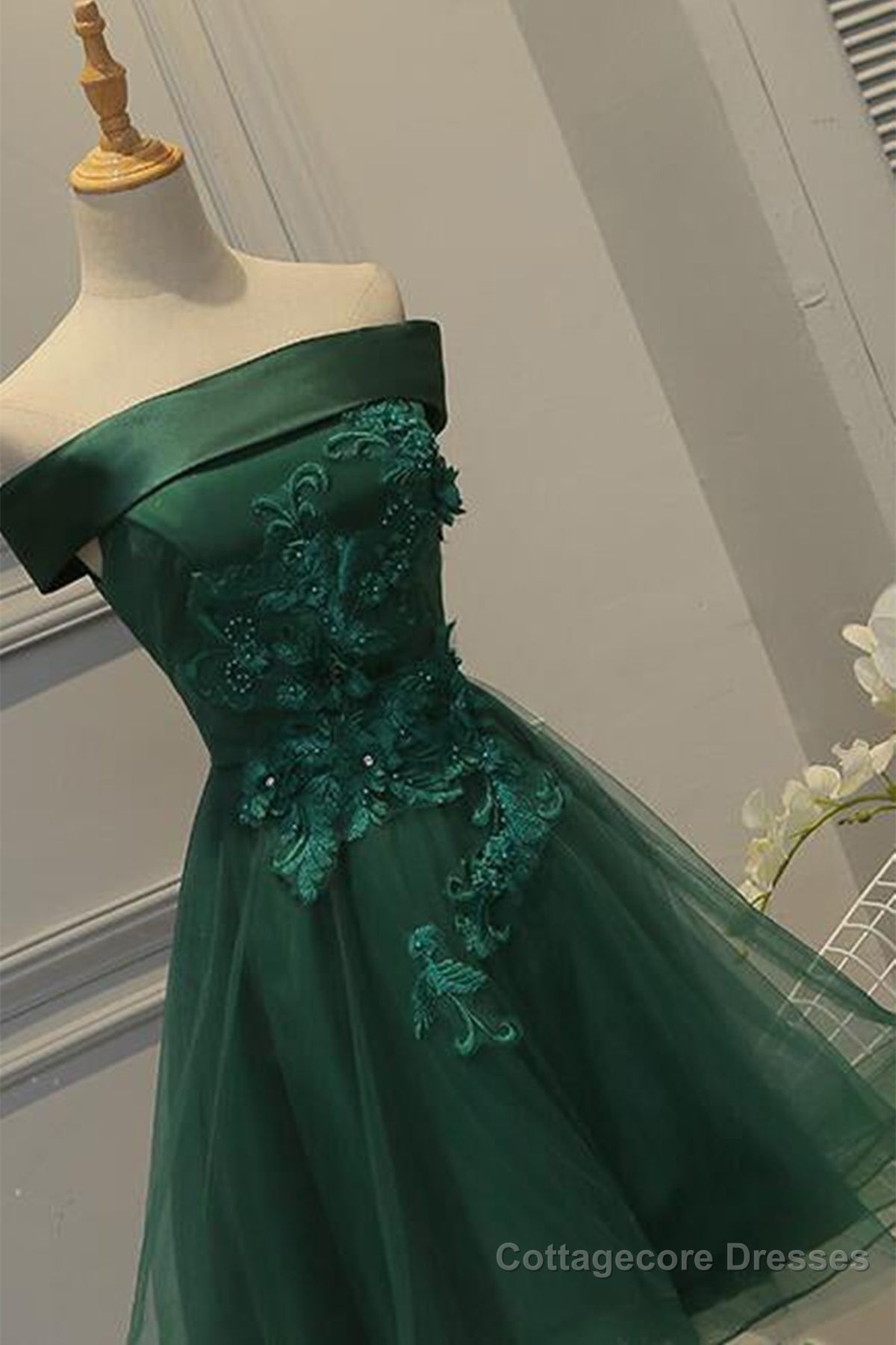 Off Shoulder Green Lace Floral Prom Dress, Short Green Lace Homecoming Dress, Green Formal Evening Dress