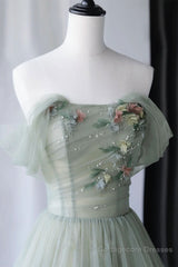 Off Shoulder Green Tulle Floral Long Prom Dresses, Off the Shoulder Green Formal Evening Dresses with 3D Flowers