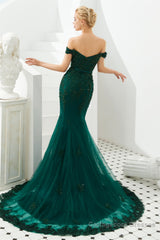 Off Shoulder Mermaid Dark Green Formal Evening Dresses with Lace