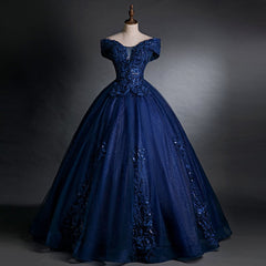 Off Shoulder Navy Blue Long Sweet 16 Gown Blue Tulle with Lace Prom Dresses prom Dresses shops