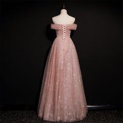 Off Shoulder Pink Tulle Long A-line Prom Dress with Beadings, Pink Long Party Dress Evening Dress