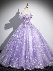 Off Shoulder Purple Lace Sweetheart Party Dress, Purple Sweet 16 Dress