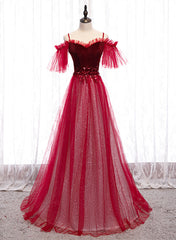 Off Shoulder Wine Red Velvet and Tulle Party Dresses, A-line Tulle Floor Length Prom Dresses