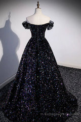 Off the Shoulder Black Sequin Prom Dresses, Black Long Formal Evening Dresses