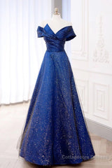 Off the Shoulder Blue Long Prom Dresses, Off Shoulder Long Formal Evening Dresses