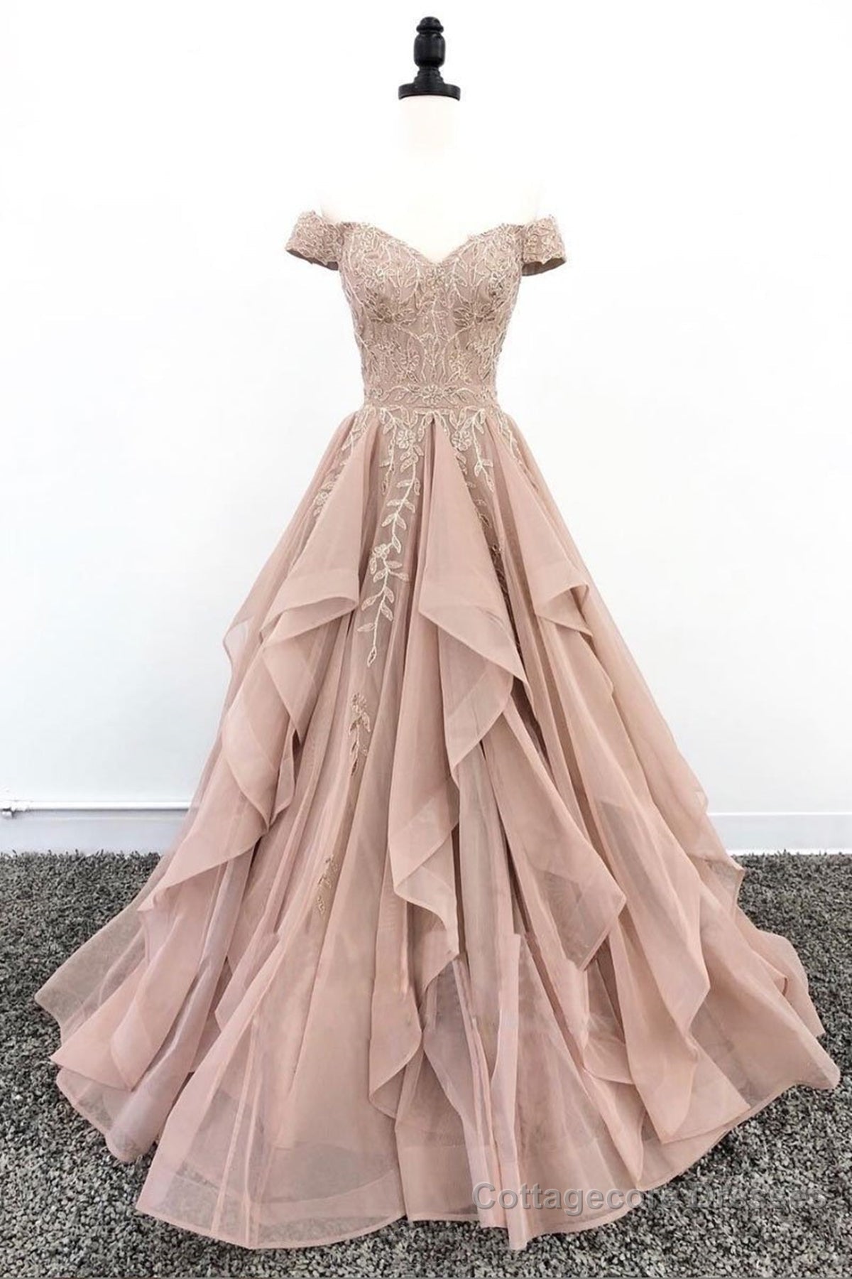 Off the Shoulder Champagne Lace Prom Dresses, Off Shoulder Champagne Lace Formal Evening Dresses