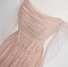 Off the Shoulder Champagne Tulle Long Prom Dresses, Champagne Beaded Tulle Formal Evening Dresses