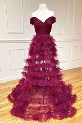 Off the Shoulder Dark Berry Pleated Sheer Tiered Prom Dress