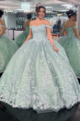 Off-the-Shoulder Dusty Sage Appliques With Lace Up Quinceanera Dresses