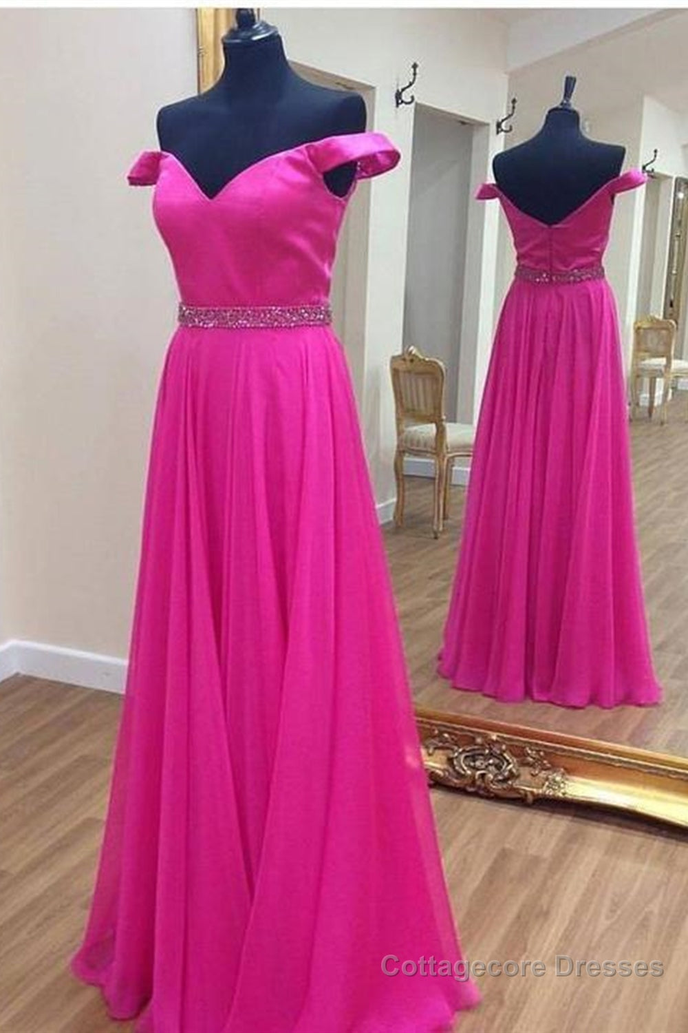 Off the Shoulder Fuchsia Long Prom Dresses with Belt, Off Shoulder Fuchsia Formal Evening Dresses