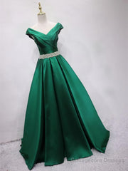 Off the Shoulder Green Long Prom Dress with Corset Back, Off Shoulder Long Green Formal Evening Dresses