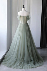 Off the Shoulder Green Tulle Long Prom Dresses, Green Tulle Off Shoulder Formal Evening Dresses