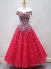 Off the Shoulder Red Long Prom Gown, Off the Shoulder Red Beaded Formal Evening Dresses